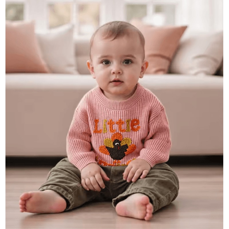 Infant Thanksgiving Sweater With Turkey Embroidery And Crewneck Design For Cozy Fall Days Long Sle 0