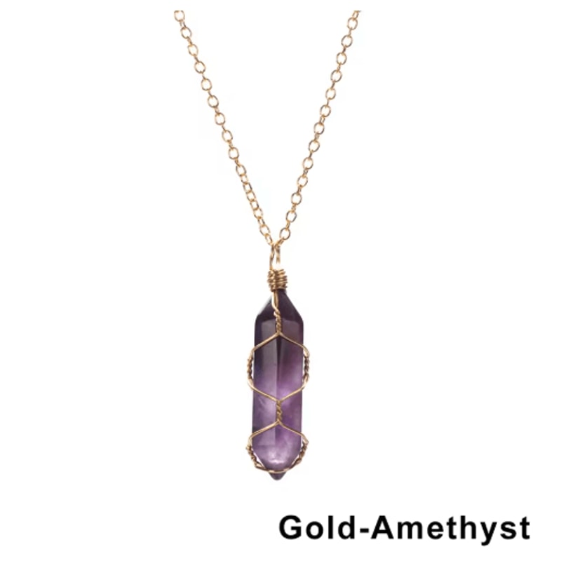 AmoraGem Amethyst Crystal Necklace Elegant Wire Wrapped Crystal Pendant Hexagonal Stone 14