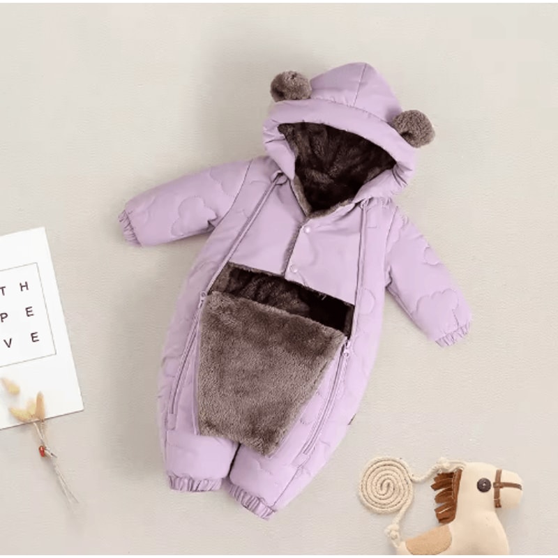 FleeceLined Baby Winter Romper With Hood Bear Ears 2