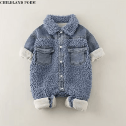 denim velvet baby winter romper – thick warm snowsuit for newborns