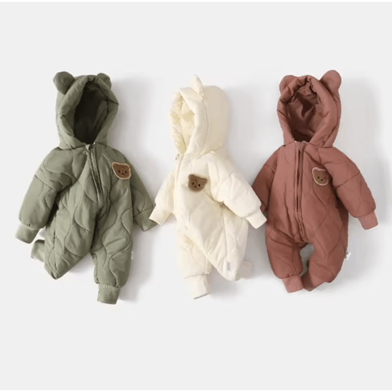 Fur Lined Bear Baby Snowsuit Warm Winter Romper For Infants Toddlers 7