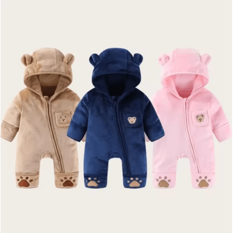 Bear Ear Hooded Baby Winter Romper Fleece Warm Onesie For Newborns 6