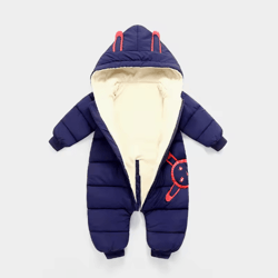 2025 plush hooded baby snowsuit – cartoon fleece winter romper for infants