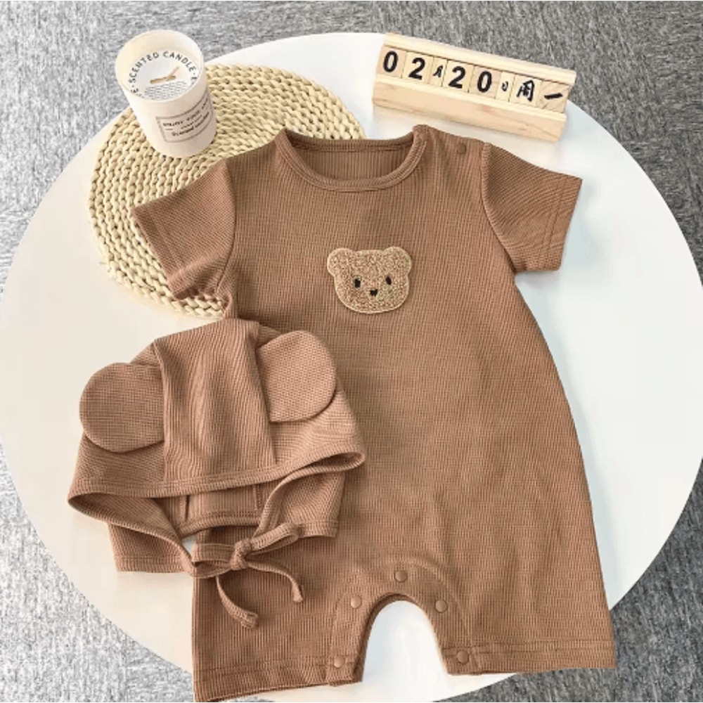 Bear Ear Baby Waffle Romper Set Cute Baby Waffle Romper With Hat 1