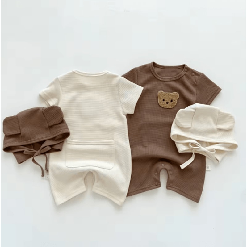 Bear Ear Baby Waffle Romper Set Cute Baby Waffle Romper With Hat 4
