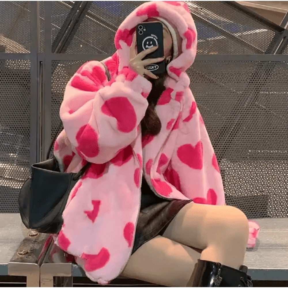 Harajuku Heart Plush Hooded Jacket Cozy Plush Winter Jacket Women 4