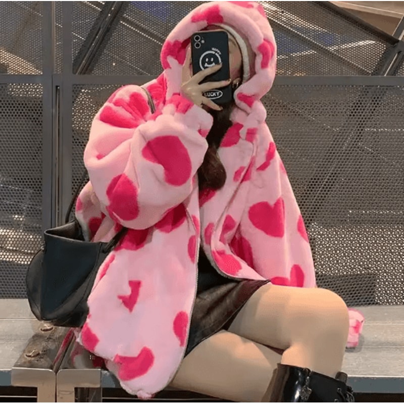 Harajuku Heart Plush Hooded Jacket Cozy Plush Winter Jacket Women 4