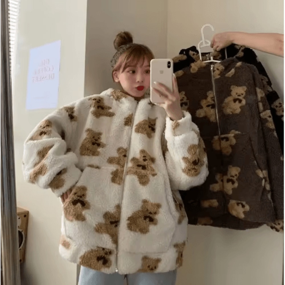 Harajuku Heart Plush Hooded Jacket Cozy Plush Winter Jacket Women 5