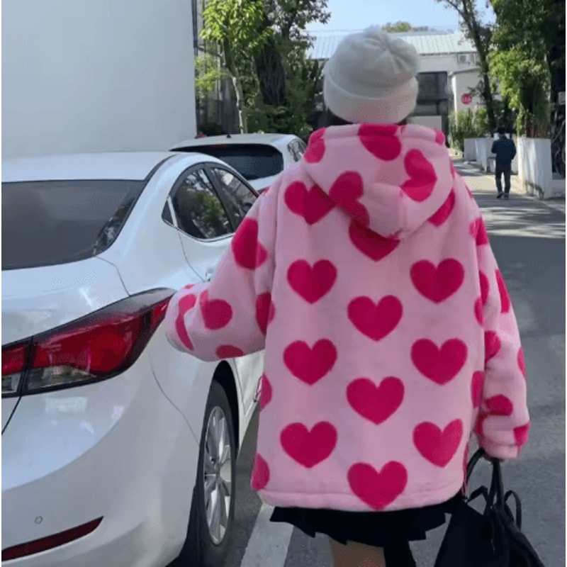 Harajuku Heart Plush Hooded Jacket Cozy Plush Winter Jacket Women 0