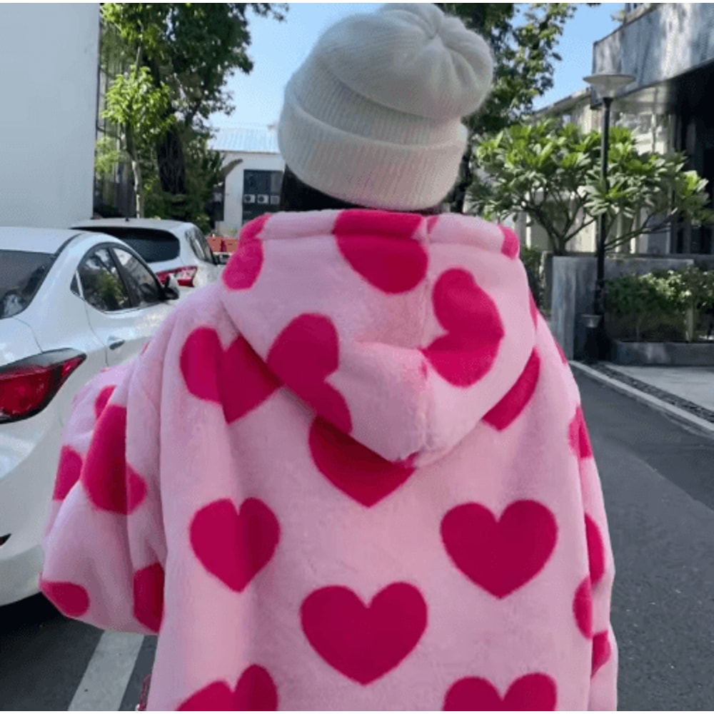 Harajuku Heart Plush Hooded Jacket Cozy Plush Winter Jacket Women 7