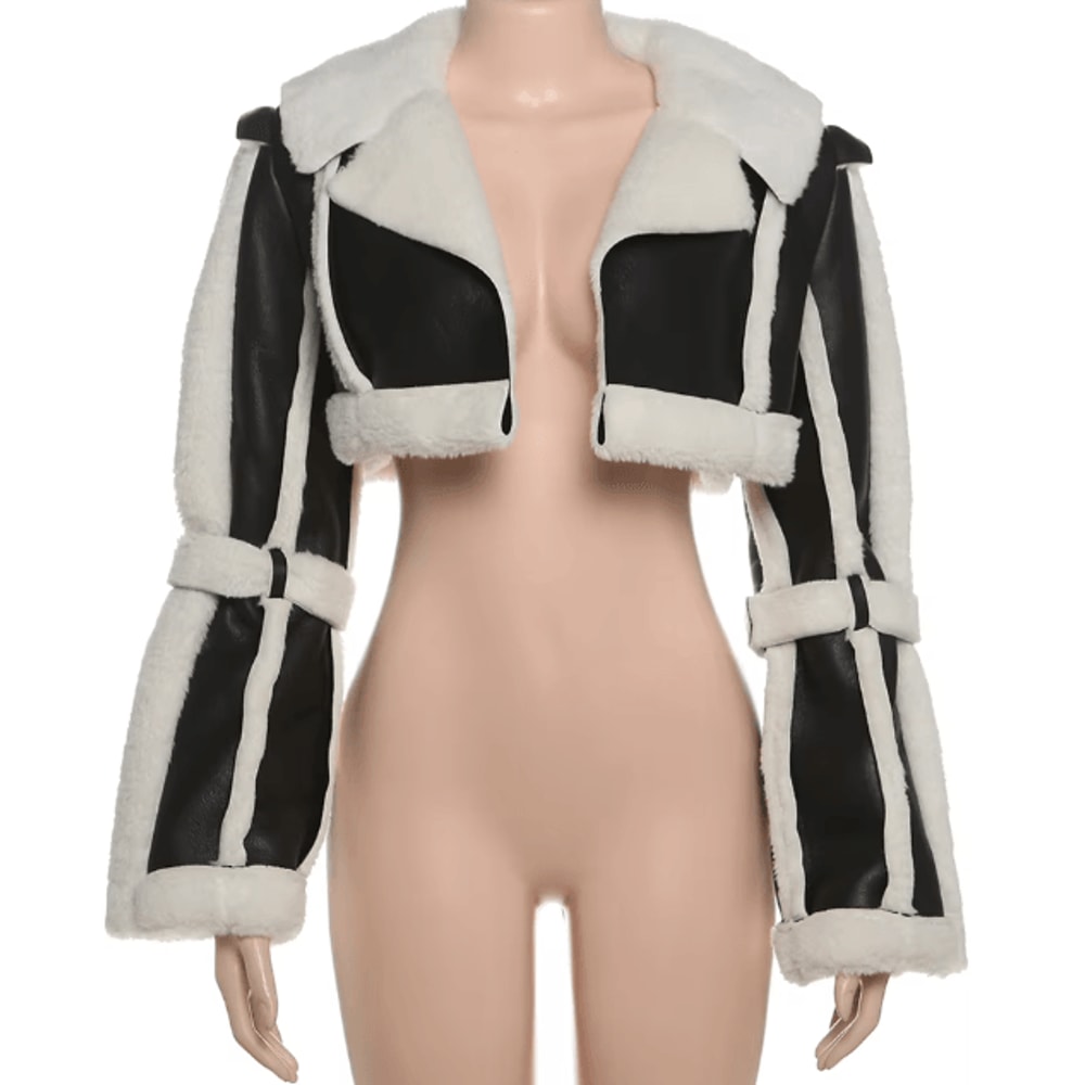 Weird Puss Furry Patchwork Women Crop Jacket Hipster Full Sleeve Open Stitch Hipster Streetwear War 5