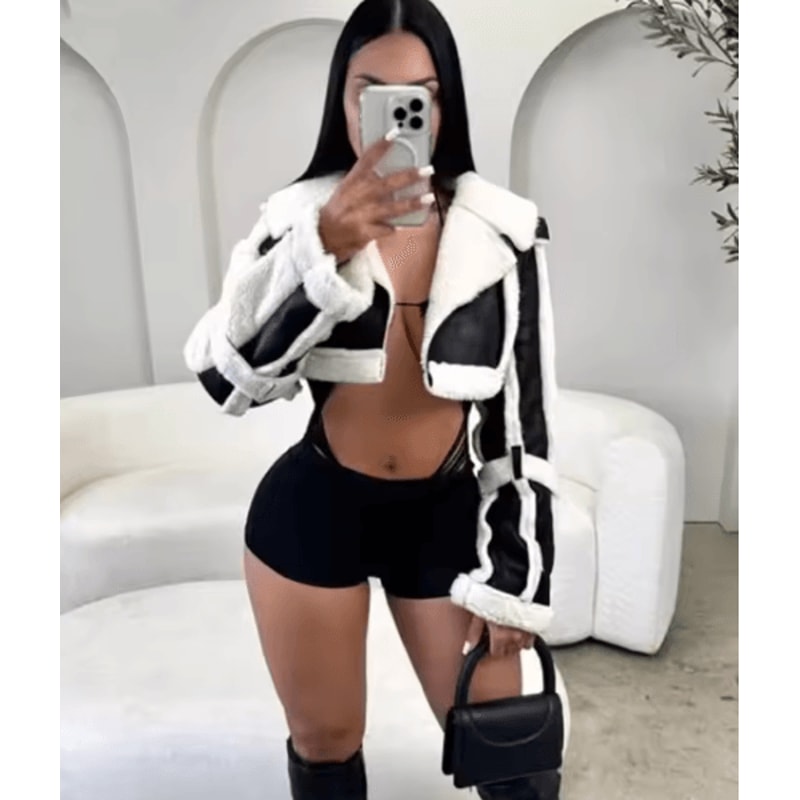 Weird Puss Furry Patchwork Women Crop Jacket Hipster Full Sleeve Open Stitch Hipster Streetwear War 8