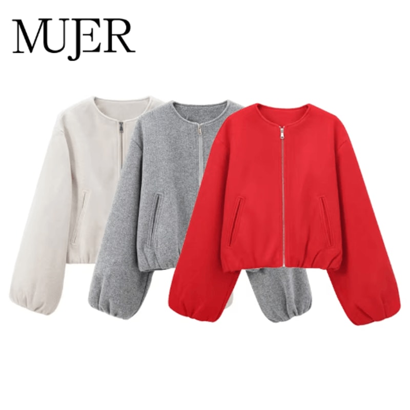MUJER Red Zipper Bomber Jackets For Women Soft Cropped Jackets Woman 2025 Long Sleeve Womans Sports 7