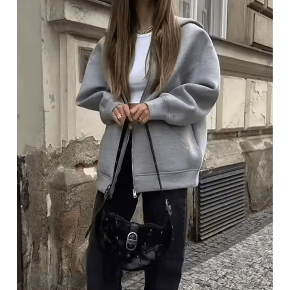 HH Autumn Women Gray Jacket With Hood Long Sleeve Big Pocket Zipper Jacket Coat Woman Loose Casual 0