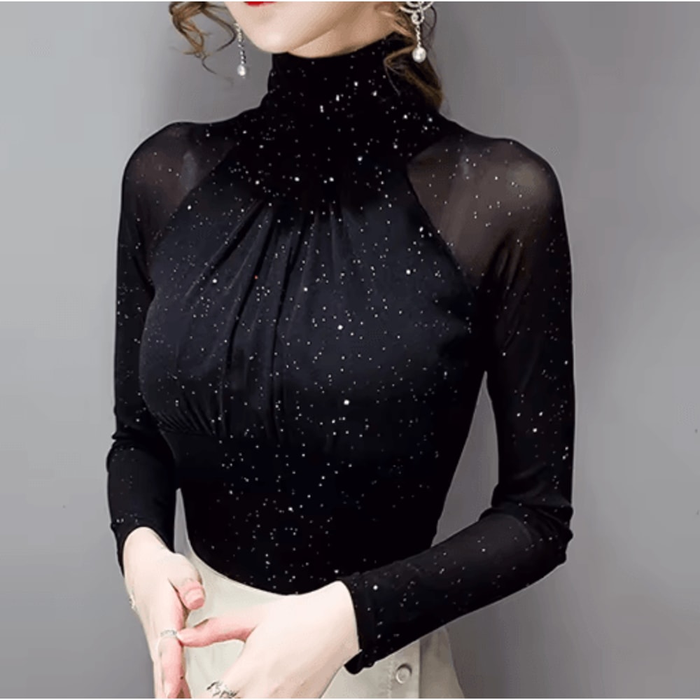 Korean Style High Neck Mesh Top For Women Elegant Sheer Long Sleeve Blouse 1