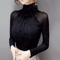 Korean Style High Neck Mesh Top For Women Elegant Sheer Long Sleeve Blouse 1