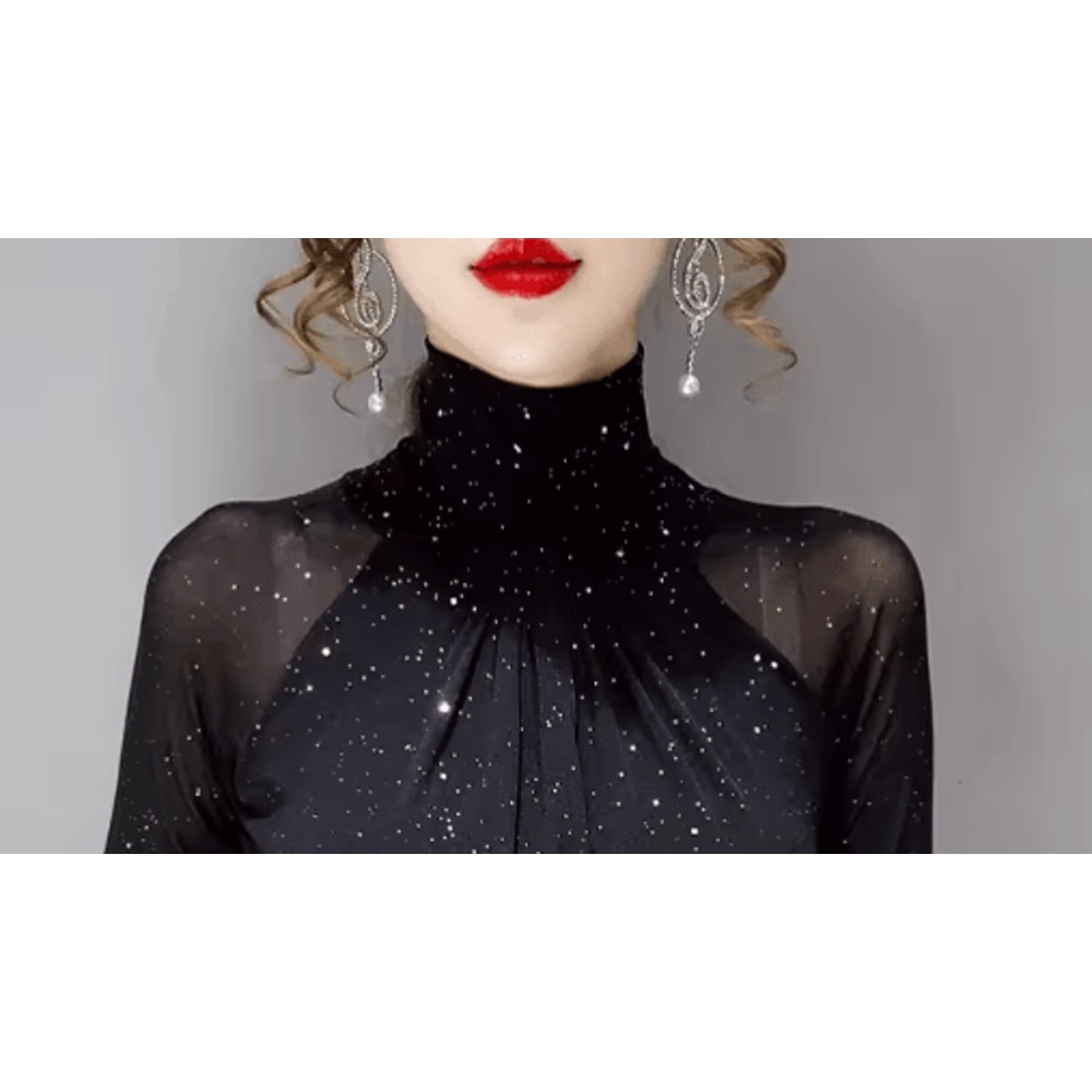 Korean Style High Neck Mesh Top For Women Elegant Sheer Long Sleeve Blouse 2