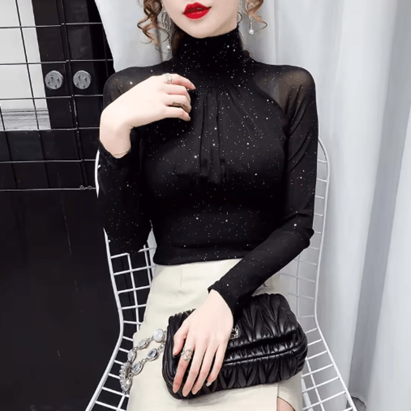 Korean Style High Neck Mesh Top For Women Elegant Sheer Long Sleeve Blouse 4