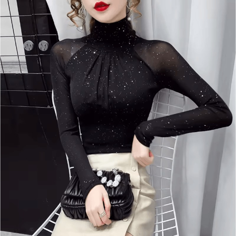 Korean Style High Neck Mesh Top For Women Elegant Sheer Long Sleeve Blouse 5