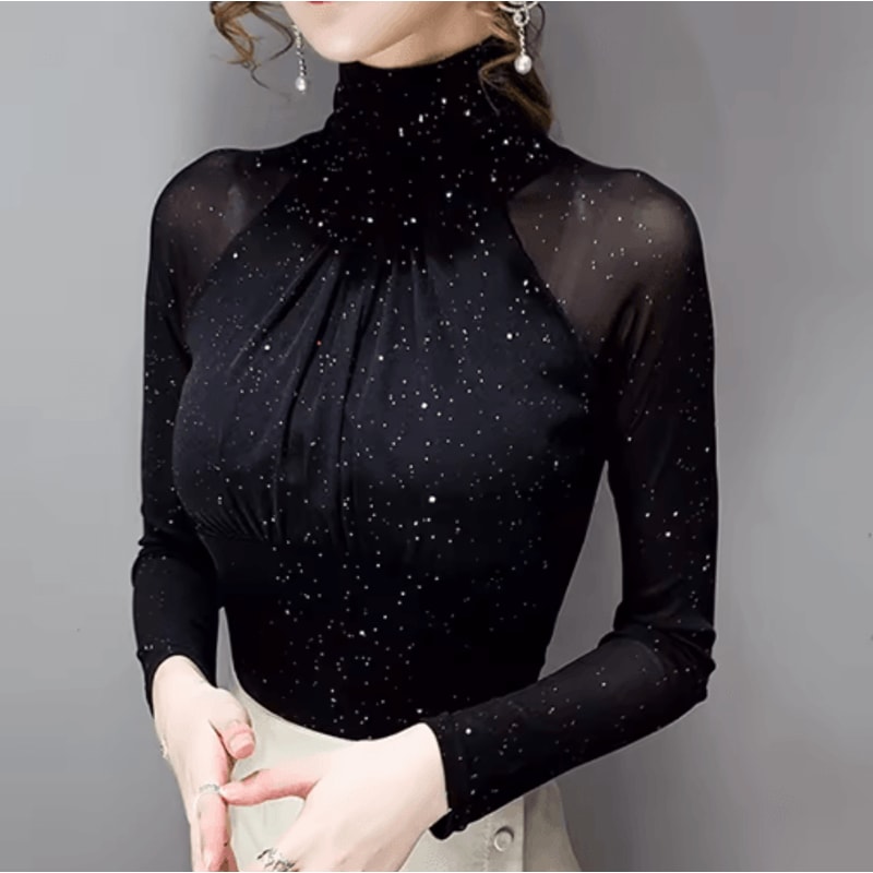 Korean Style High Neck Mesh Top For Women Elegant Sheer Long Sleeve Blouse 0
