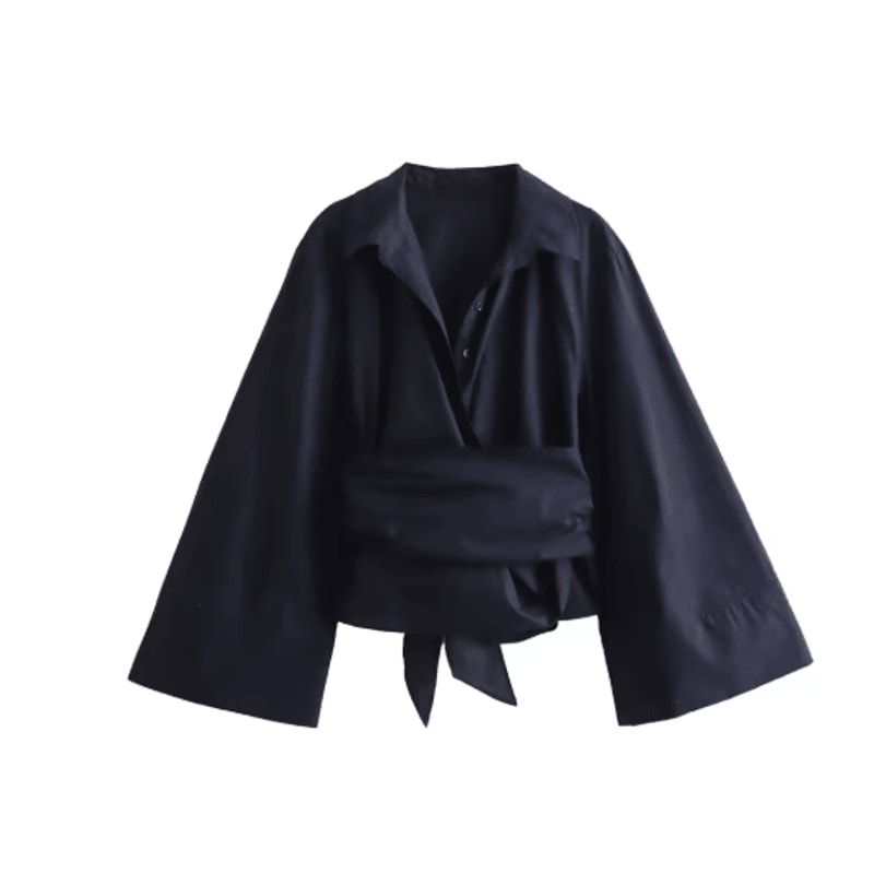 Womens Double Breasted Poplin Shirt With Bow Tie Casual Polo Neck Blouse 1