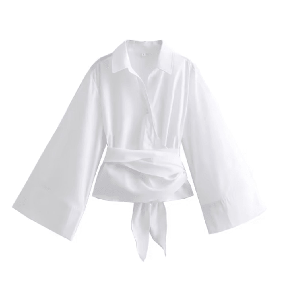 Womens Double Breasted Poplin Shirt With Bow Tie Casual Polo Neck Blouse 2