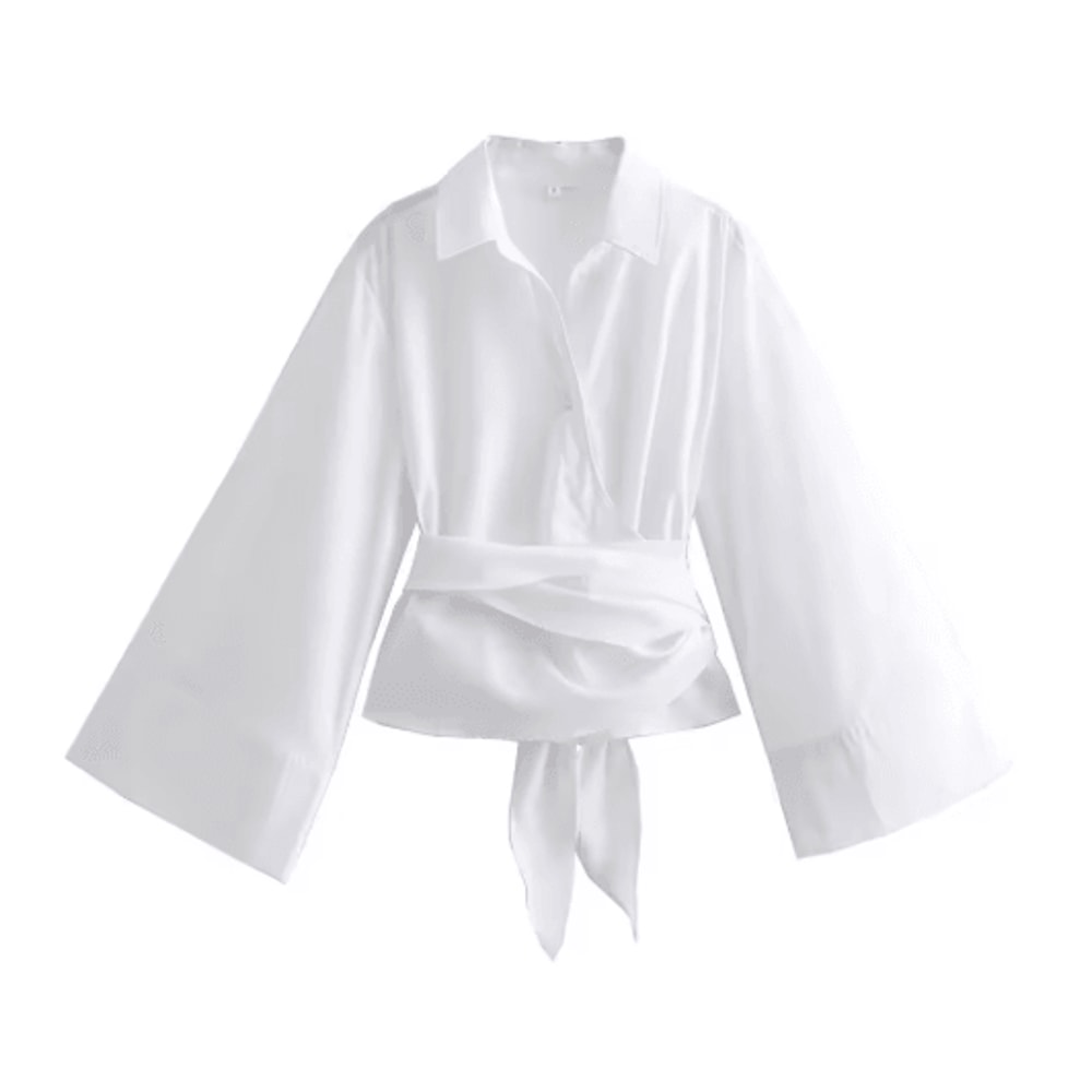 Womens Double Breasted Poplin Shirt With Bow Tie Casual Polo Neck Blouse 4