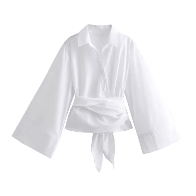 Womens Double Breasted Poplin Shirt With Bow Tie Casual Polo Neck Blouse 4