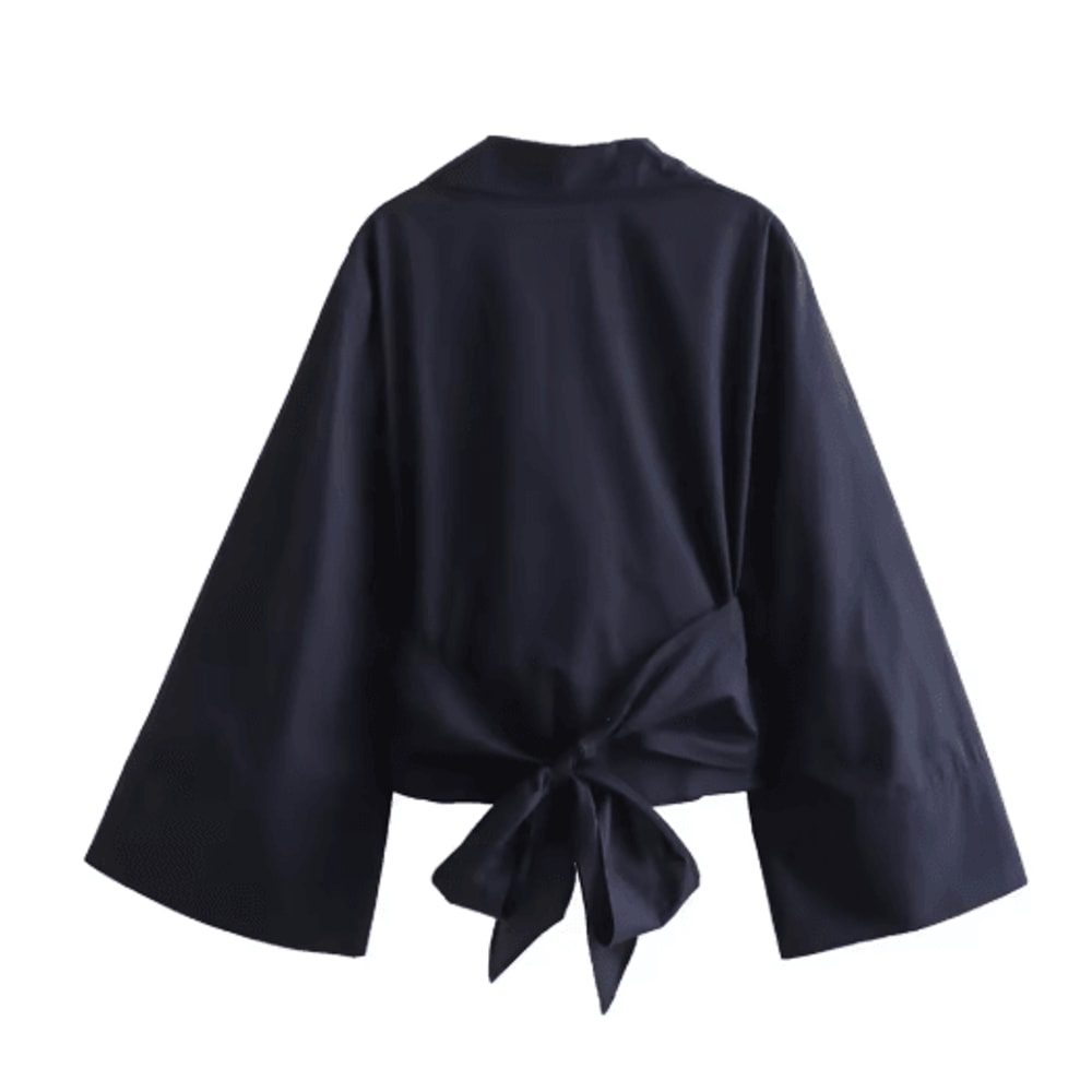 Womens Double Breasted Poplin Shirt With Bow Tie Casual Polo Neck Blouse 5