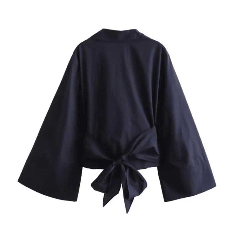 Womens Double Breasted Poplin Shirt With Bow Tie Casual Polo Neck Blouse 5