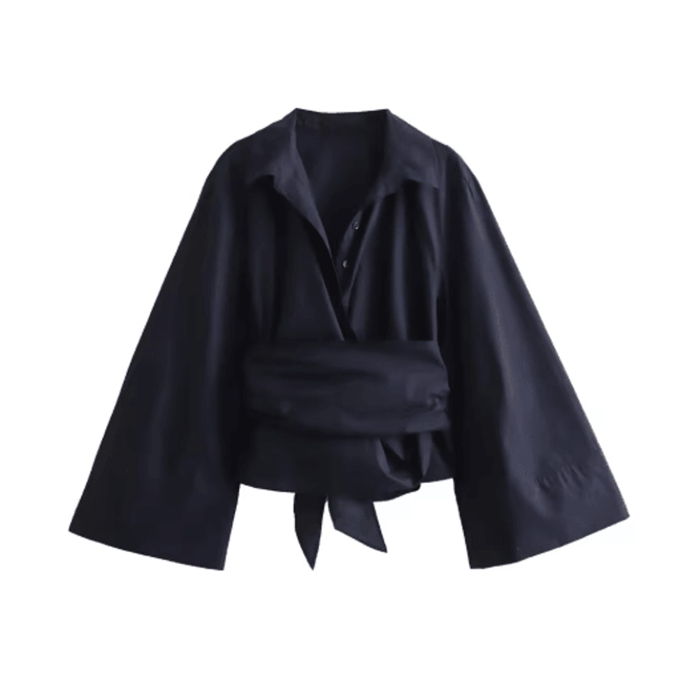 Womens Double Breasted Poplin Shirt With Bow Tie Casual Polo Neck Blouse 6