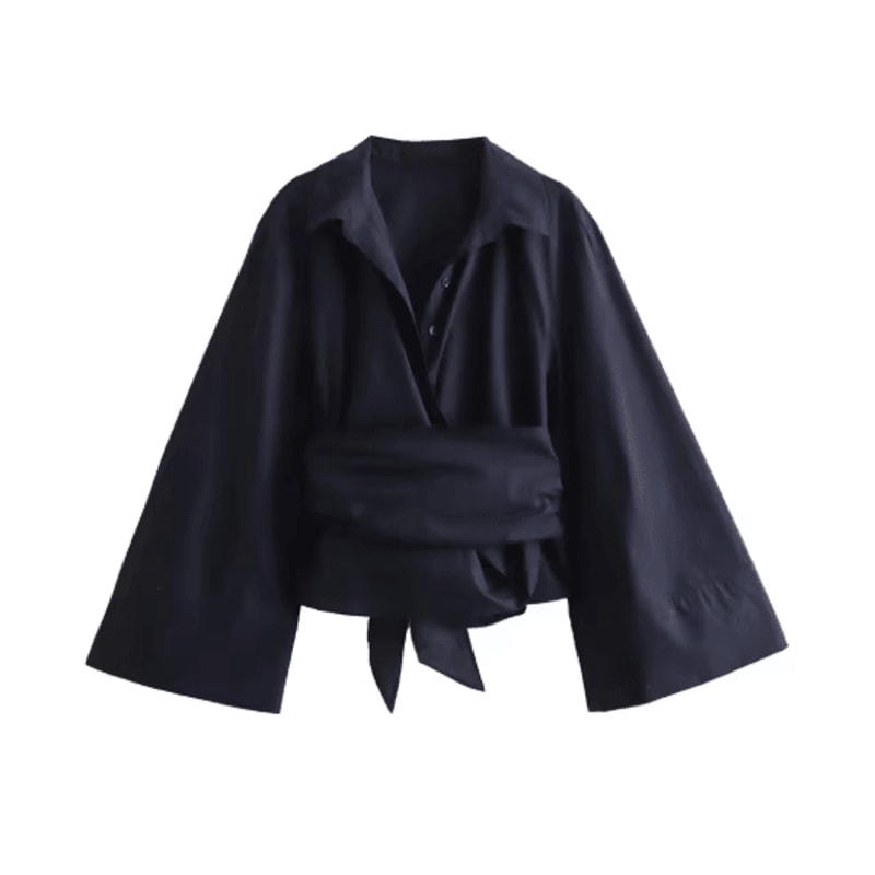 Womens Double Breasted Poplin Shirt With Bow Tie Casual Polo Neck Blouse 6