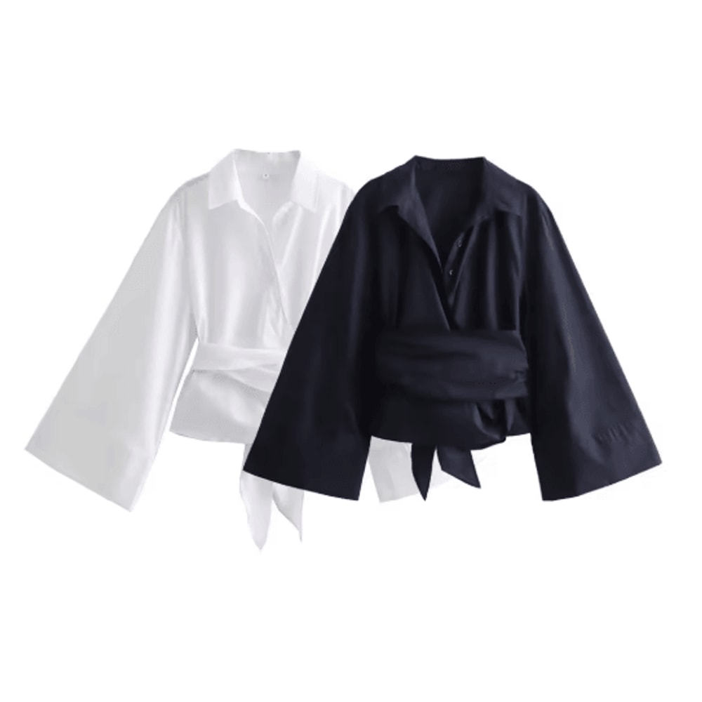 Womens Double Breasted Poplin Shirt With Bow Tie Casual Polo Neck Blouse 0