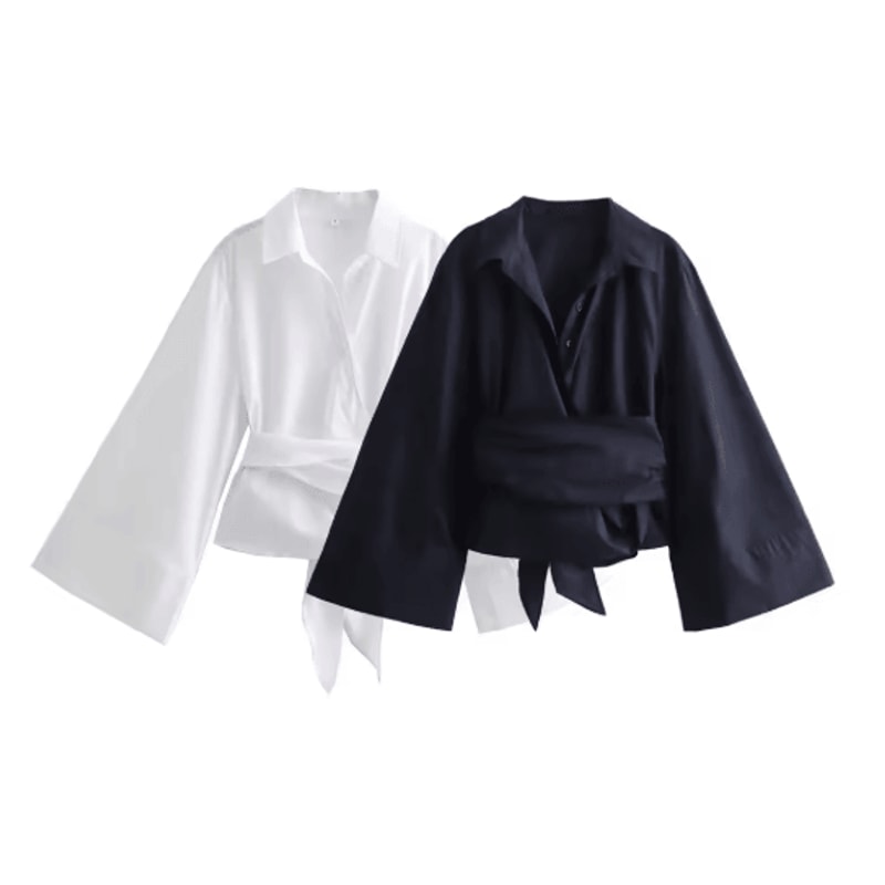 Womens Double Breasted Poplin Shirt With Bow Tie Casual Polo Neck Blouse 0