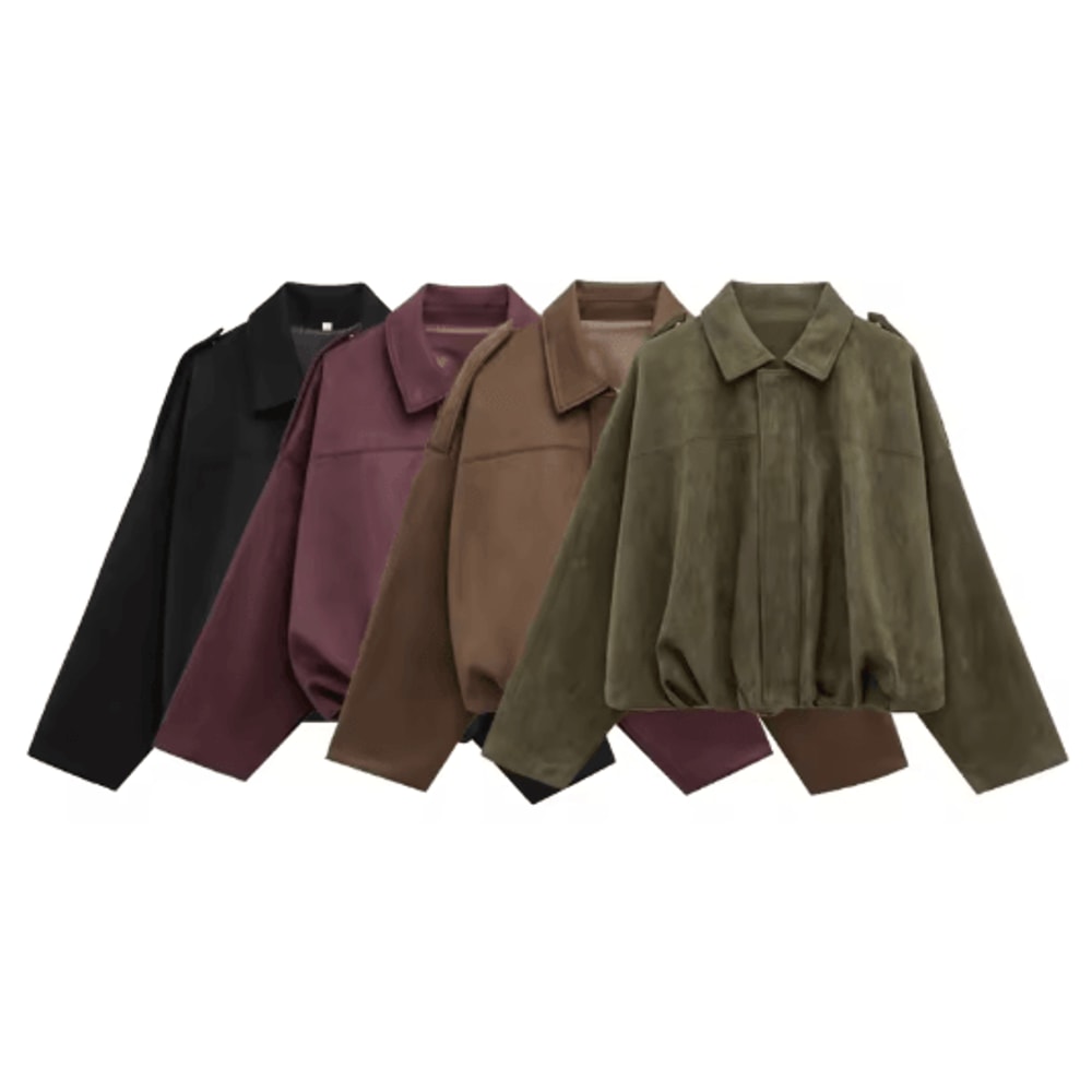 Womens Cropped Suede Bomber Jacket Zip Up High Street Racing Style Coat 10