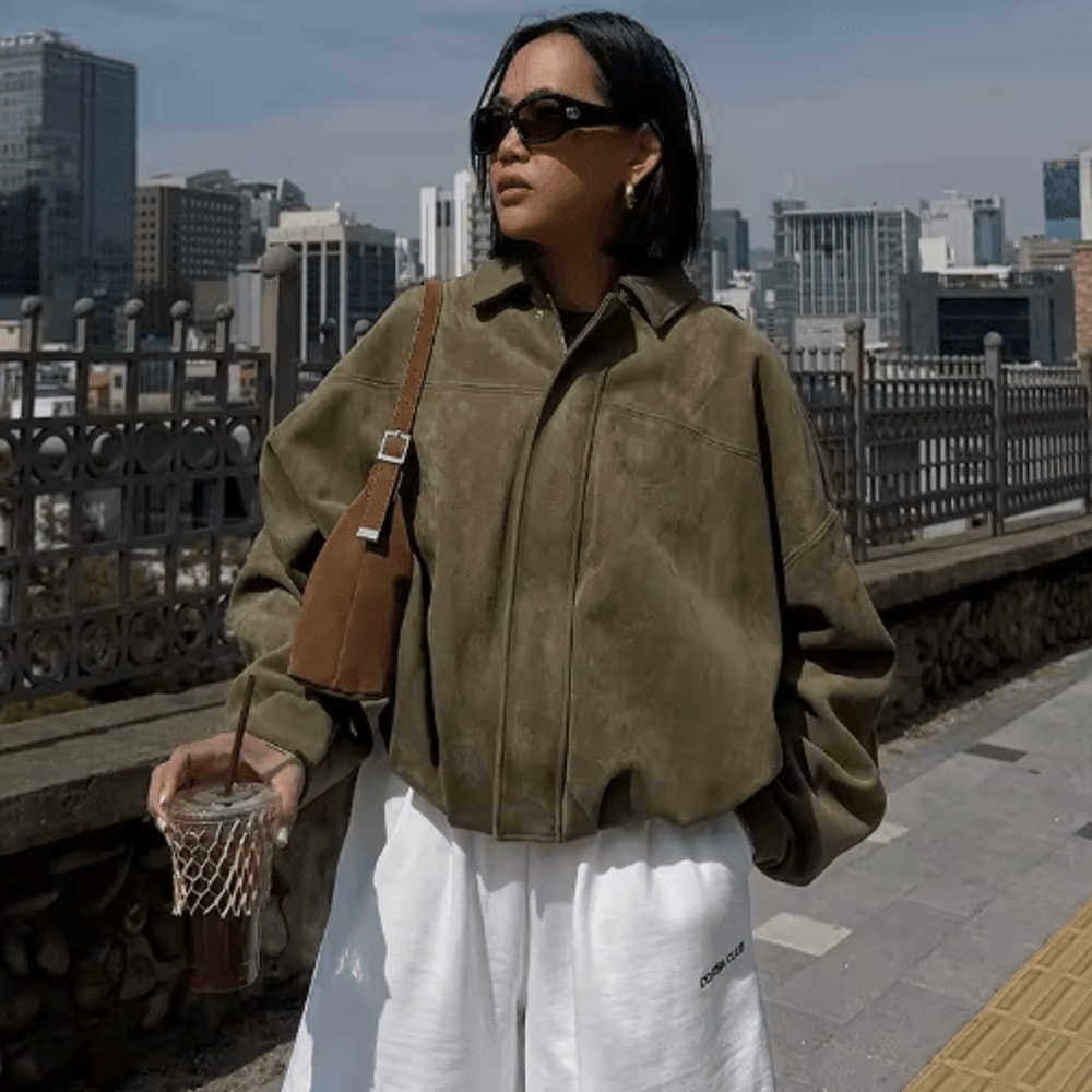 Womens Cropped Suede Bomber Jacket Zip Up High Street Racing Style Coat 7