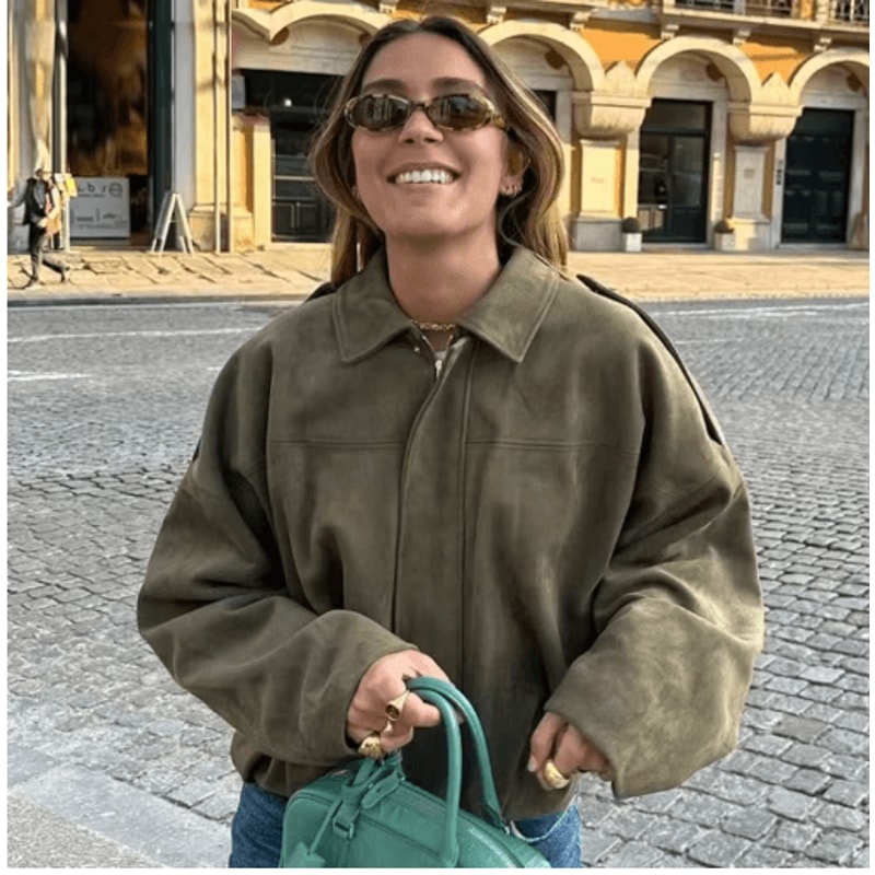 Womens Cropped Suede Bomber Jacket Zip Up High Street Racing Style Coat 9