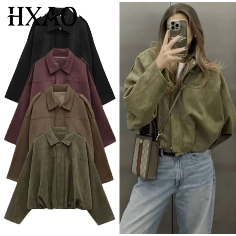 Womens Cropped Suede Bomber Jacket Zip Up High Street Racing Style Coat 0