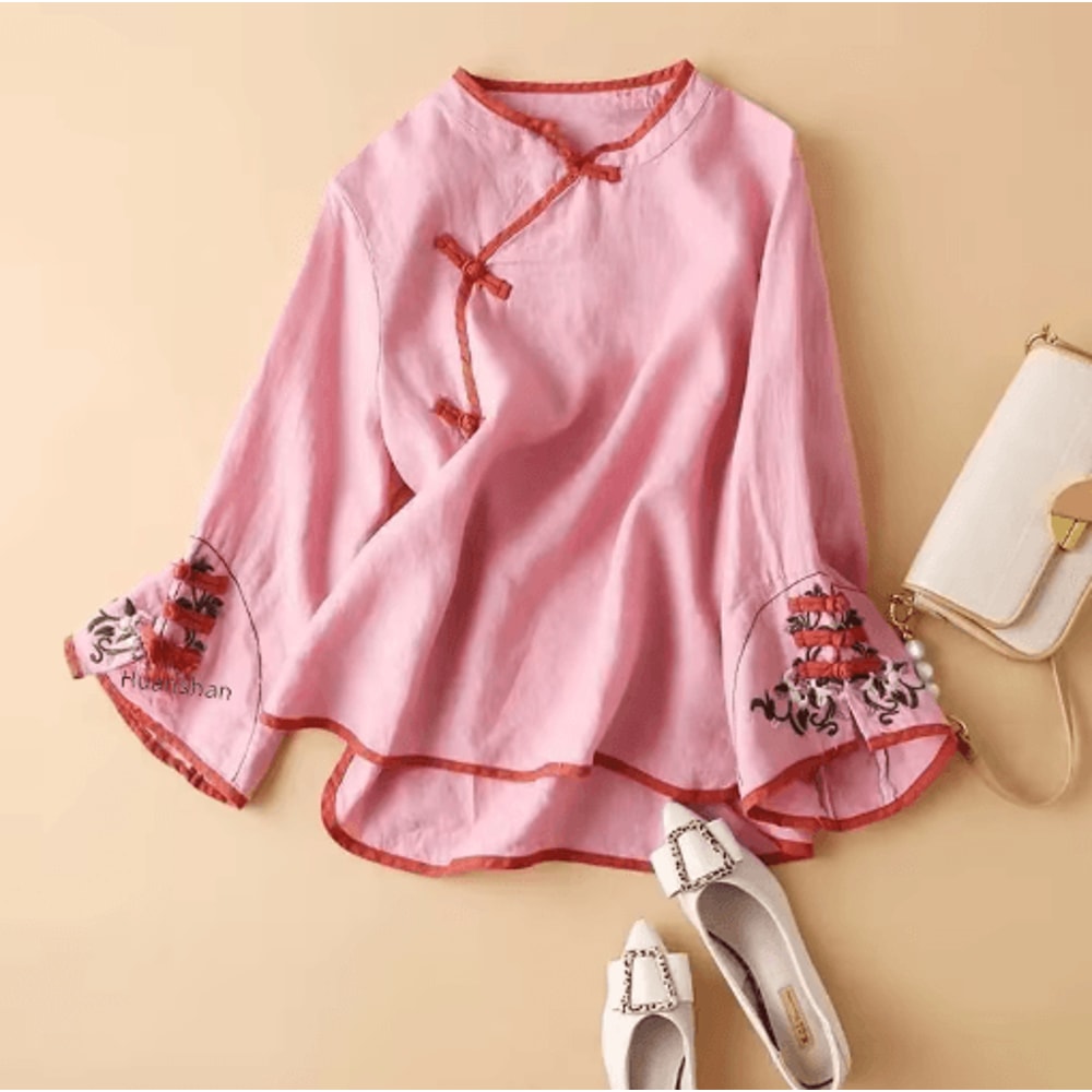 Womens Chinese Style Embroidered V Neck Blouse Loose Fit Artistic Spring Top 3