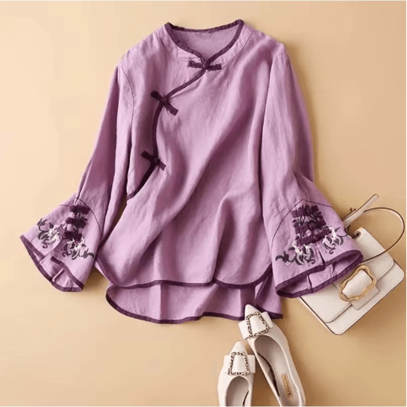 Womens Chinese Style Embroidered V Neck Blouse Loose Fit Artistic Spring Top 4