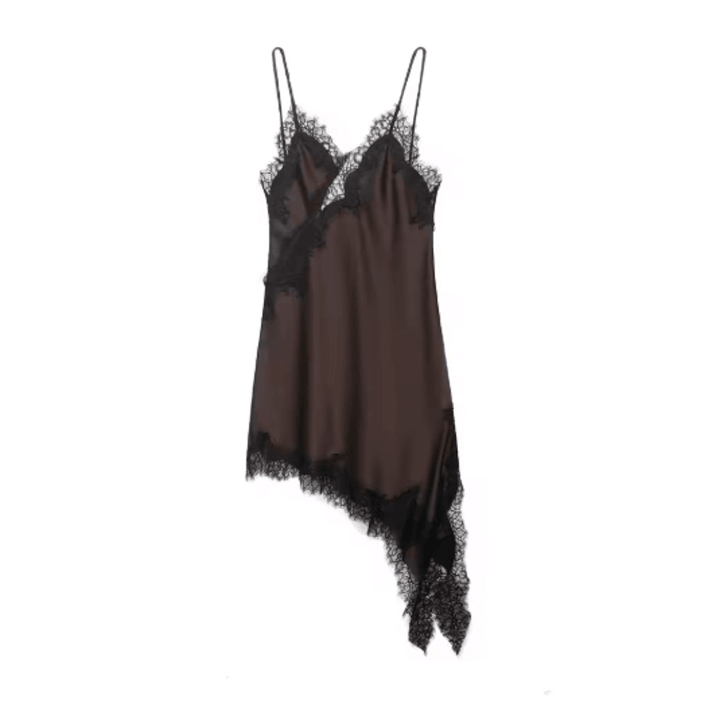 Womens Satin Lace Backless Sling Dress Asymmetric Sexy Summer Party Dress 0