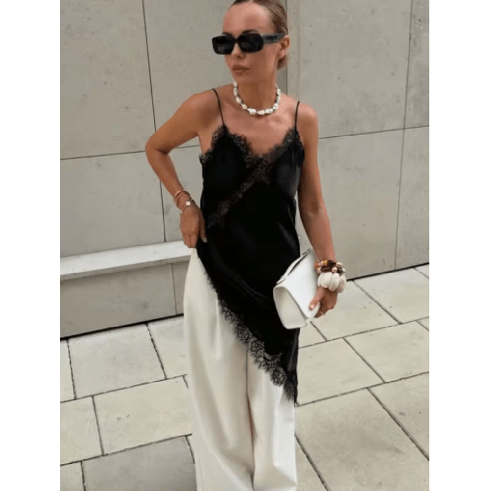 Womens Satin Lace Backless Sling Dress Asymmetric Sexy Summer Party Dress 16