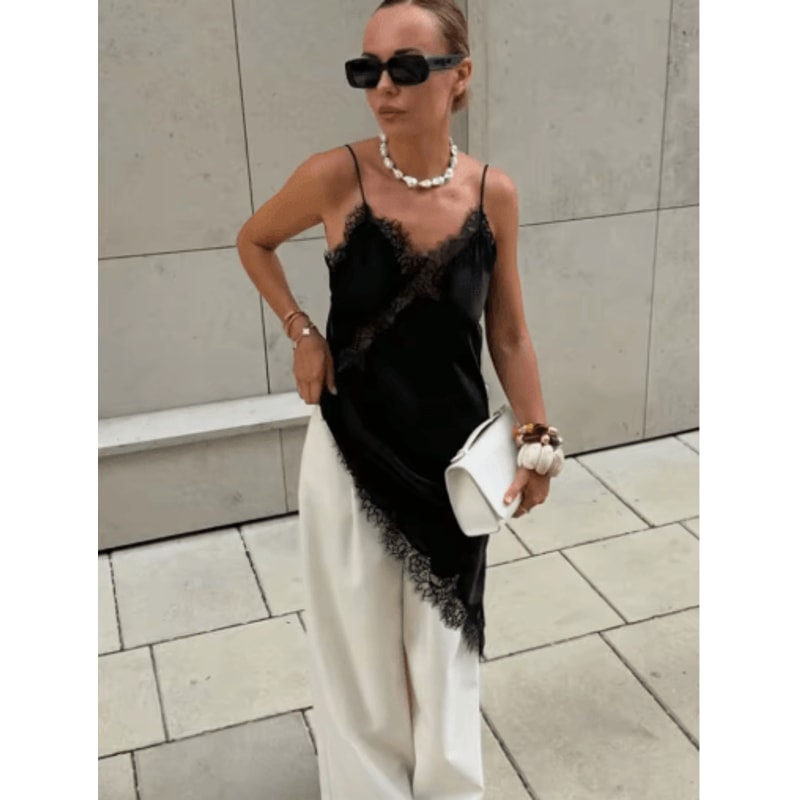 Womens Satin Lace Backless Sling Dress Asymmetric Sexy Summer Party Dress 16