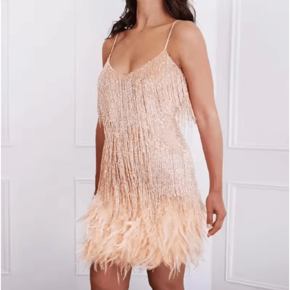 Womens Sequin Tassel Feather Mini Dress Spaghetti Strap Party Club Dress 4