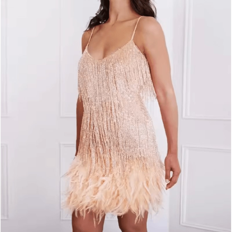 Womens Sequin Tassel Feather Mini Dress Spaghetti Strap Party Club Dress 4