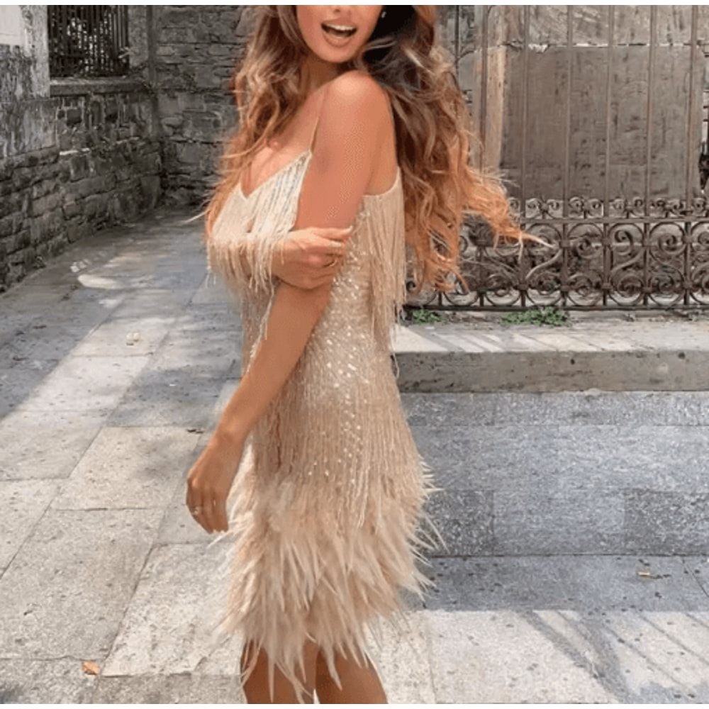Womens Sequin Tassel Feather Mini Dress Spaghetti Strap Party Club Dress 6