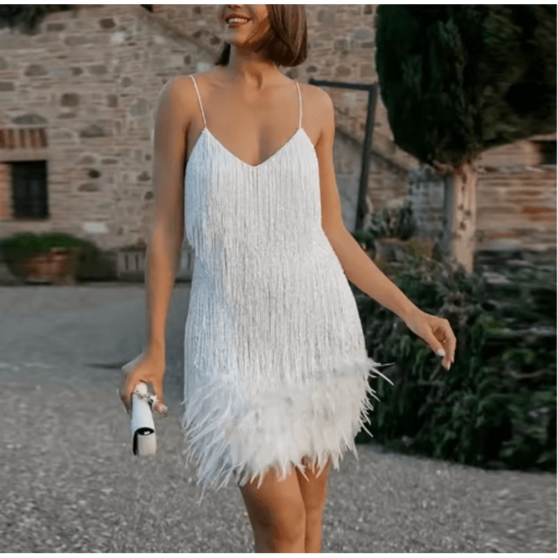 Womens Sequin Tassel Feather Mini Dress Spaghetti Strap Party Club Dress 7