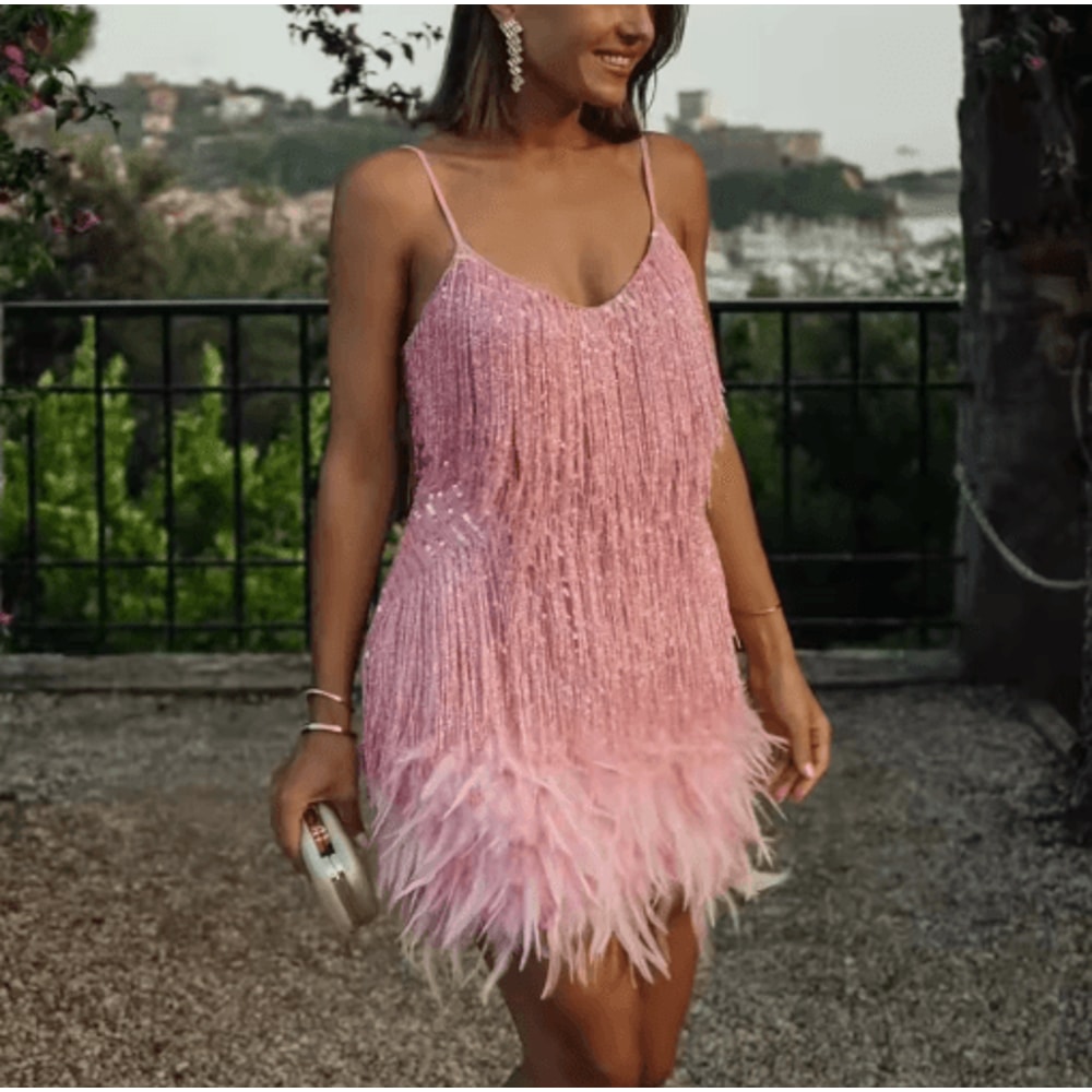 Womens Sequin Tassel Feather Mini Dress Spaghetti Strap Party Club Dress 8