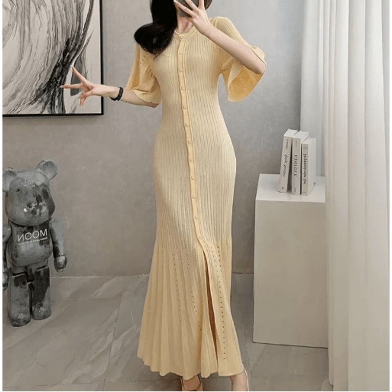 French Elegant Knitted Mermaid Dress Slimming Hollow Fish Tail Midi Dress 0
