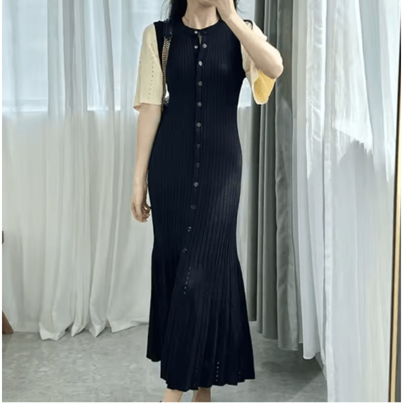 French Elegant Knitted Mermaid Dress Slimming Hollow Fish Tail Midi Dress 7